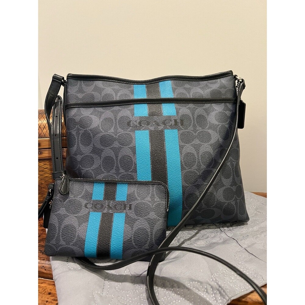 Coach Signature Varsity Stripe Blue Leather Crossbody Bag and matching wristlet